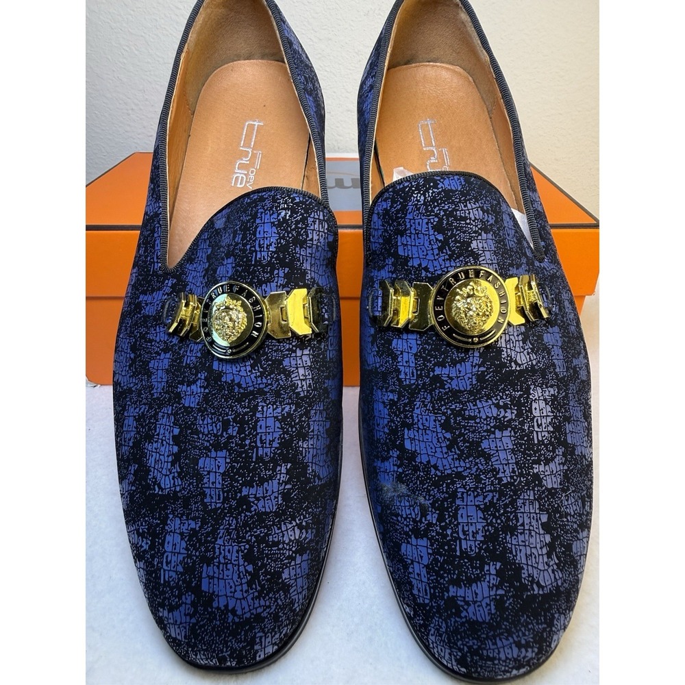 FOEVTRUE Men's Slip On Dress Loafers 10.5 Black Blue Gold Medallion Buckle Forma - Picture 2 of 9